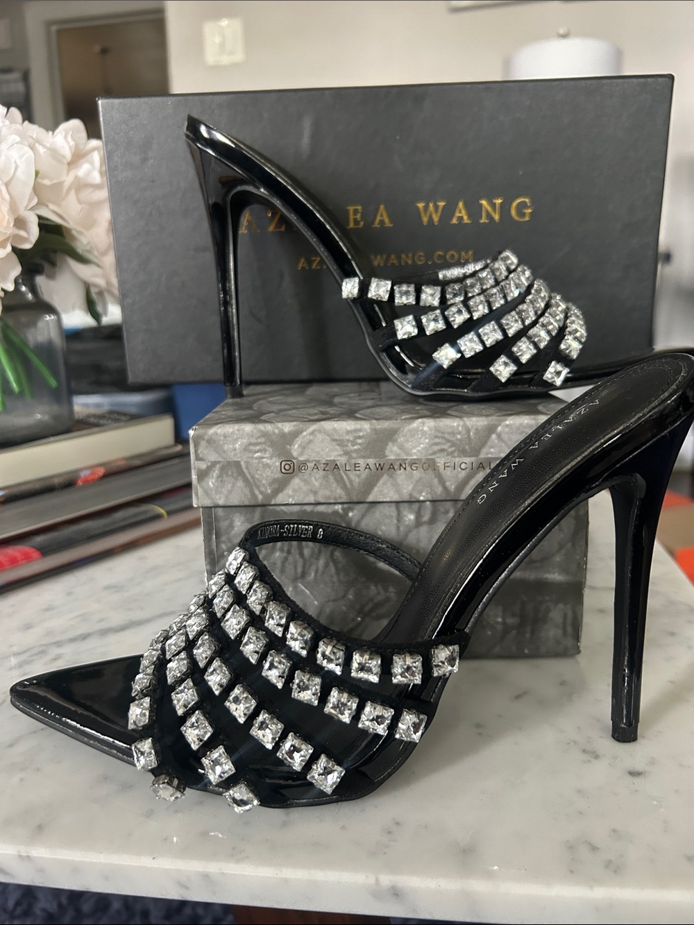 Azalea Wang Black Crystal-Embellished Stiletto Mules